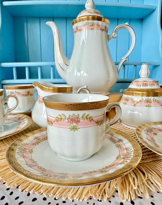 Vintage Heavy Gold Bavaria 'Kronester' West Germany Mokka Set, CoffeePot, 6 Mokka Cups, Creamer & Sugar Pink and Gold Decor, Made in Germany