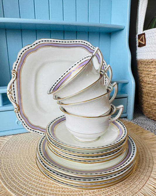 Set of 4 Rare Vintage Aynsley Trio's, Teacup, Saucer & Cake Plate and Serving Plate, Purple Ivory Decor, Early 1915's, Bone China, England