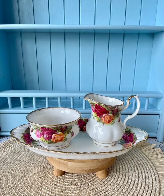 Vintage Royal Albert "Old Country Roses" 3 Piece Creamer Set, First Edition, Fine Bone China, Previously Loved, Red & Yellow Roses Decor, UK