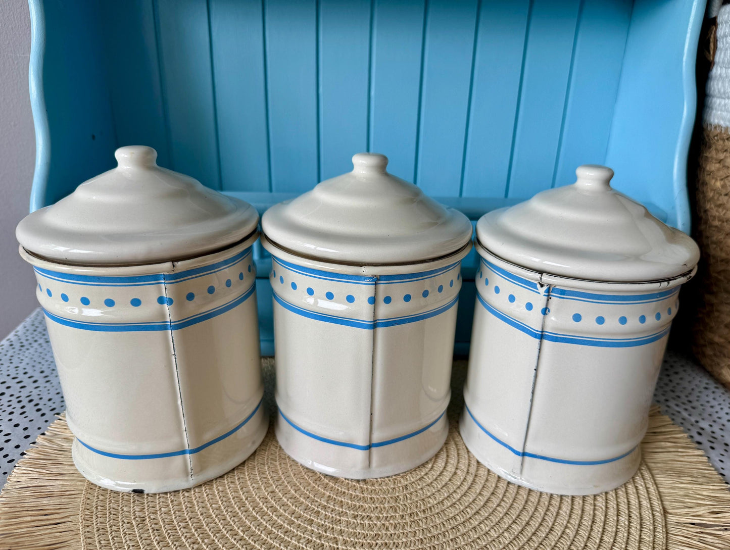 Rare Vintage Hard to Find and Very Collectible Dutch Enamel Canisters Set – Koffie Suiker Thee – 1960s Retro Storage Jars, Baby Blue & White
