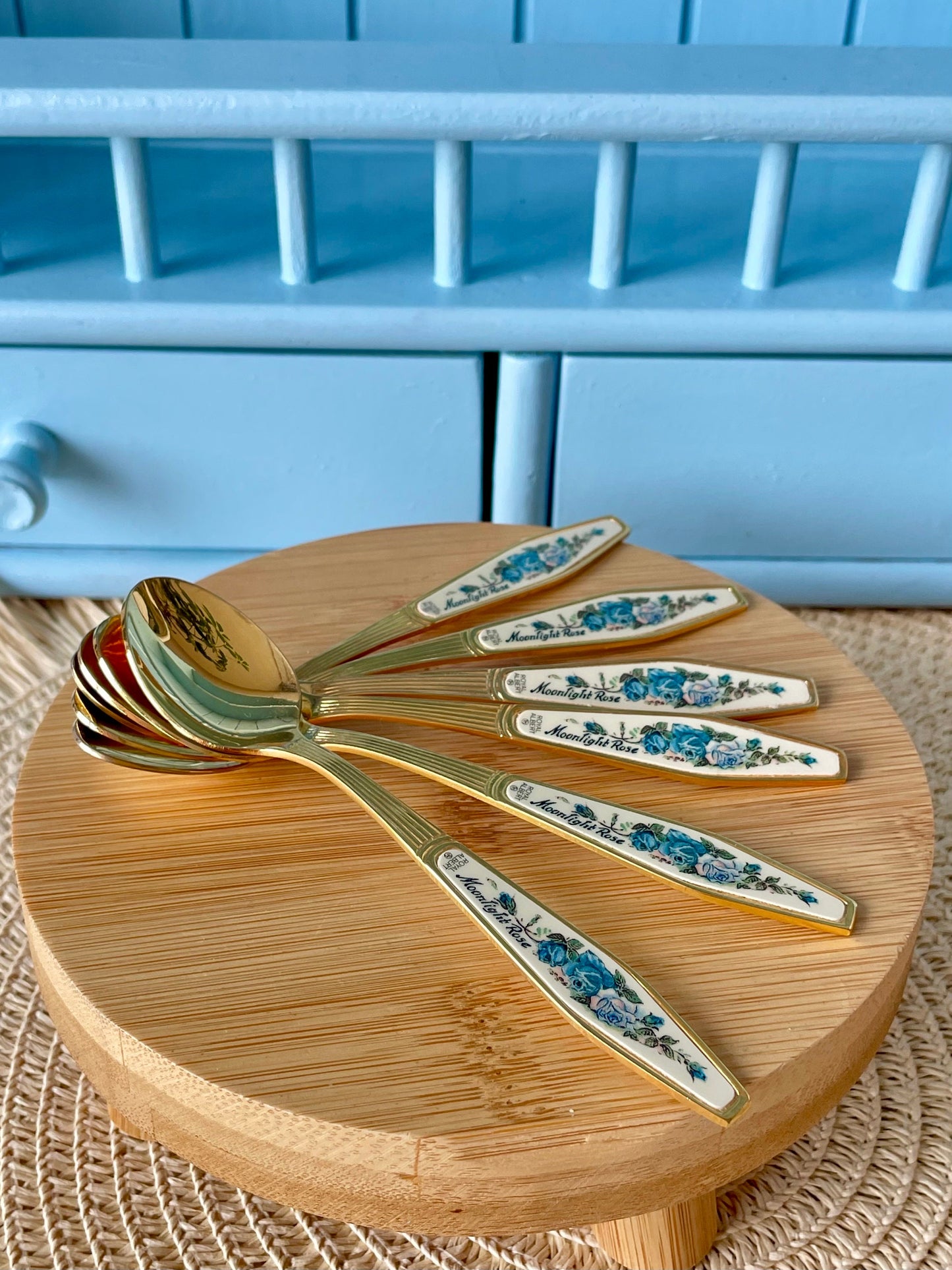 Rare Vintage Royal Albert "Moonlight Rose" TeaSpoon, Set of 6 Gold Hue Spoons, Silver Plated, Previously Loved, For HighTea, Made In England