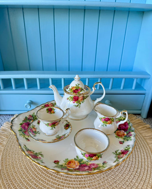 Vintage Royal Albert "Old Country Roses" Miniature Tea Set, Doll House Tea Set, Bone China, Teapot, Creamer, Teacup, Plate, Made in England
