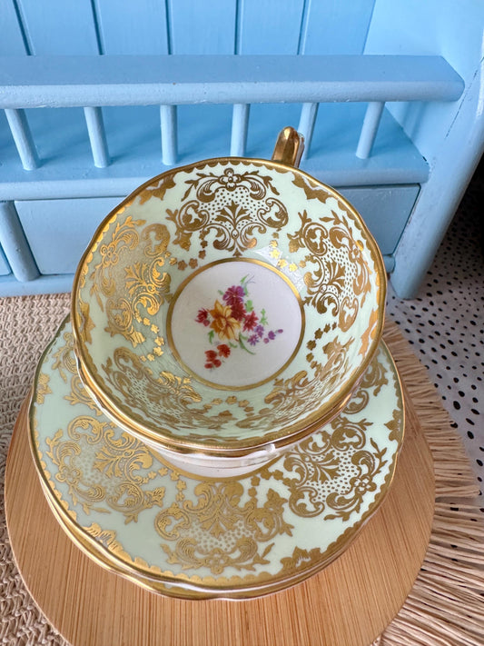 2 Rare Vintage 1940s Paragon Pastel Green Espresso Cup Saucer, Bone China, Floral Design, by Appointment HM Queen Elizabeth, Double Warrant!