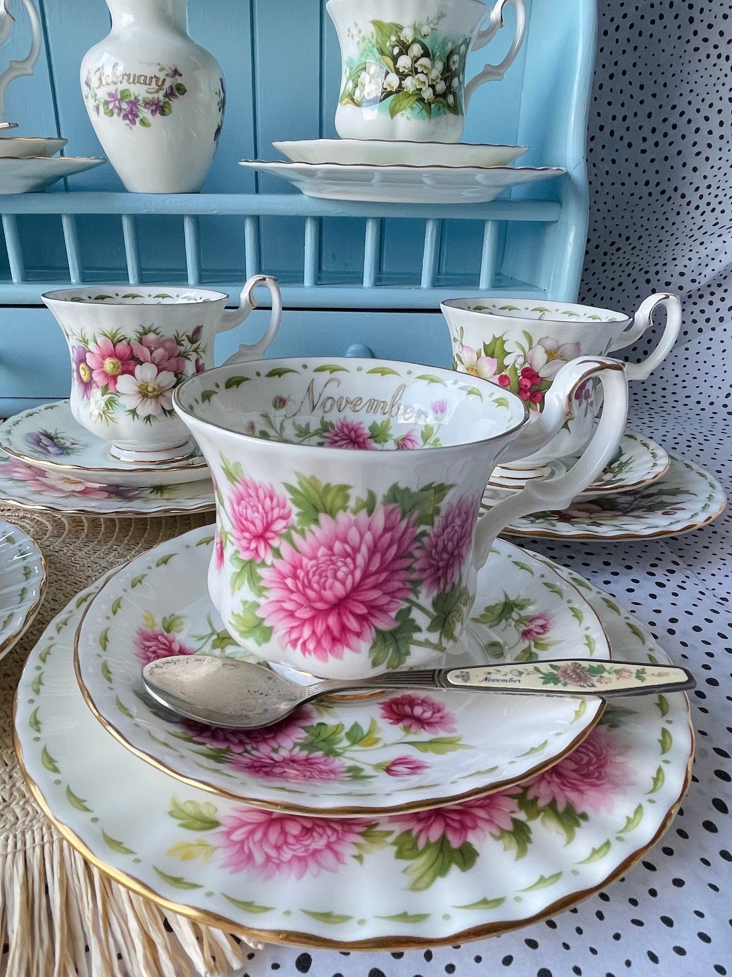 Royal Albert Flower Of The Month Trio's Cup Saucer Plate, Fine Bone China,  Sold Individually, Unique Find, With 6 Tea Spoons, Feb Plus Vase