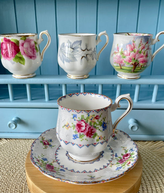 Vintage Royal Albert 'Petit Point China' Espresso Cup & Saucer, Fine Bone China, Made in England, Previously Loved, Needle Point Decor