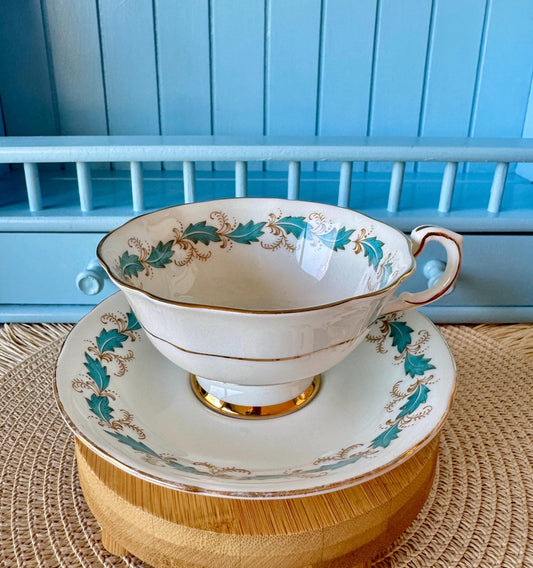Vintage 1970s Paragon Affection Blue Leafs Gold Duo, Bone China, Floral Blue Leaf Design, Preciously Loved, Appointment HM Queen Elizabeth