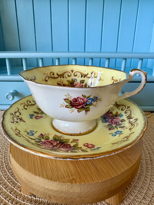 Rare Vintage 1960s Antique Series 'Tapestry' Paragon Egg Shell Yellow Gold Duo, Bone China, Pink Roses Decor, Appointment HM Queen Elizabeth