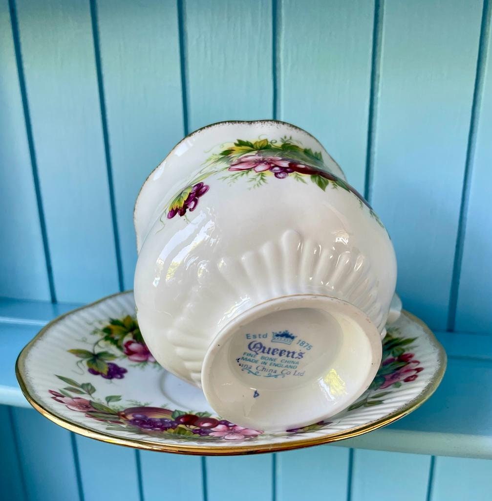 Vintage Royal Queens Fine Bone China Fruit Inspired Teacup And Saucer, Pear, Grapes, Perfect Gold, Queens Fine Bone China Made in England