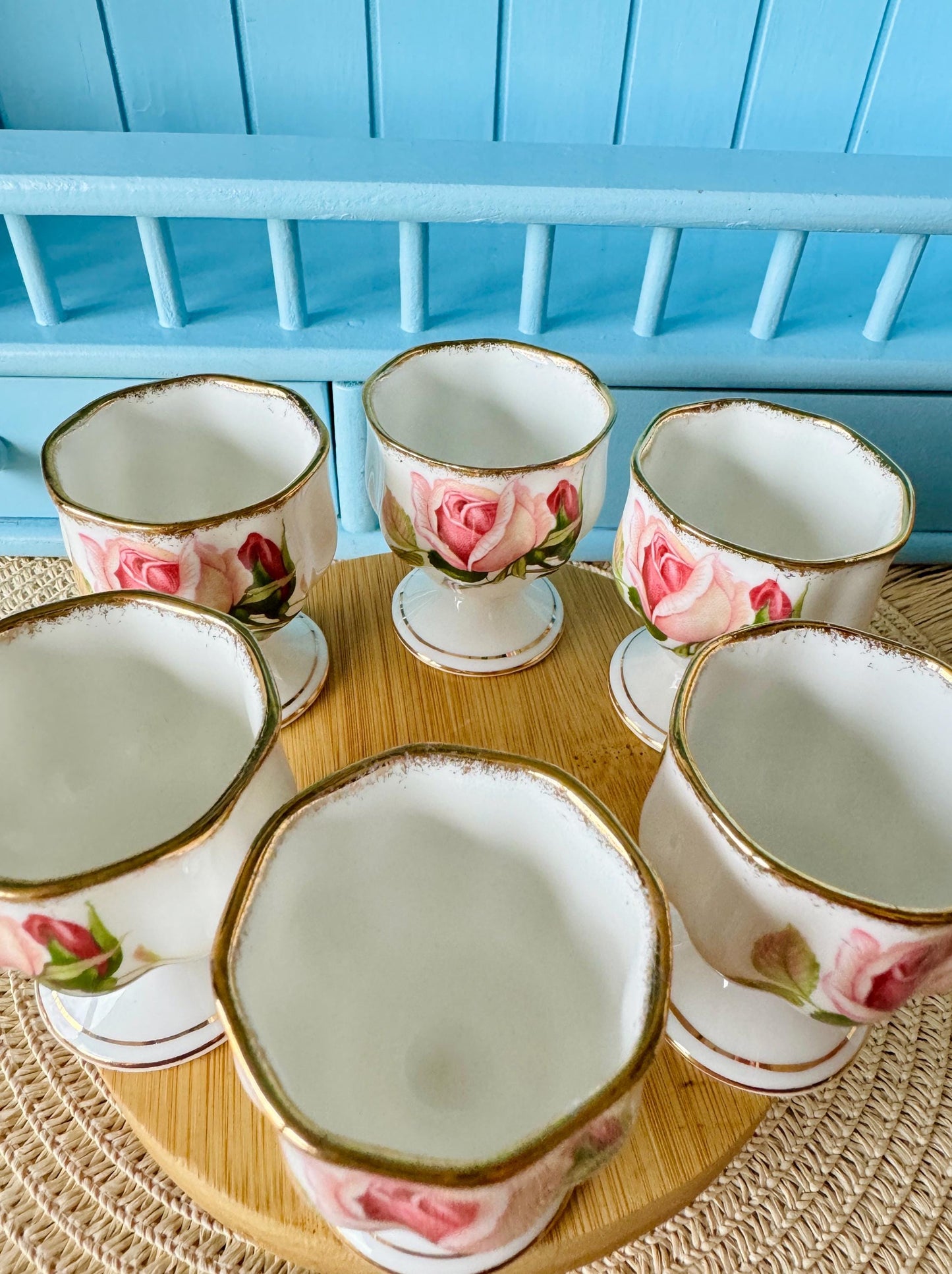 Very Hard to Find Vintage Royal Albert "Anniversary Rose" Egg Cups, Set of 6, Bone China, Previously Loved, Pink Roses Thick Gold, England