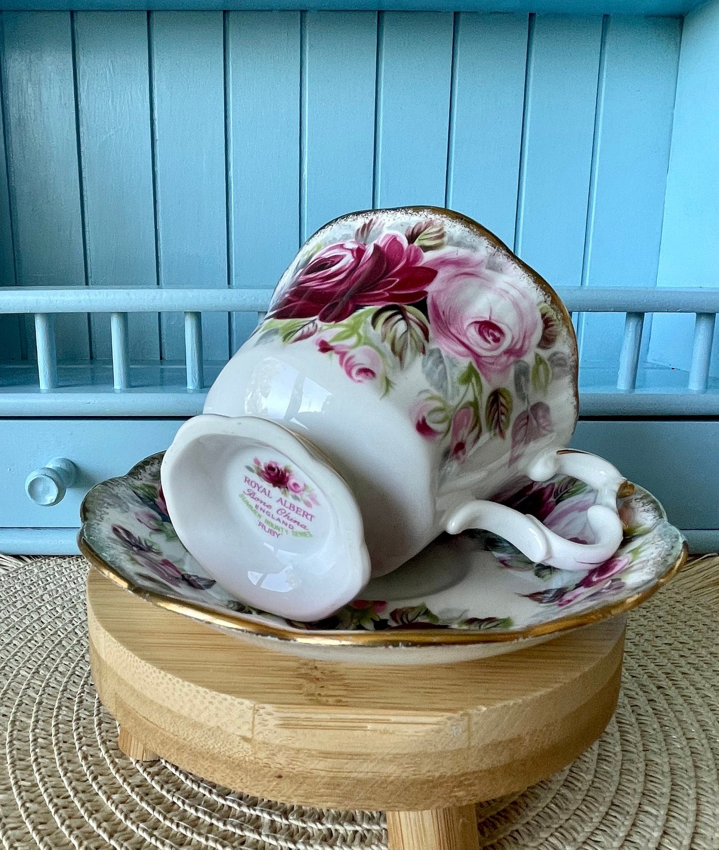 Collectors TeaCup, Royal Albert "Summer Bounty Ruby" Gainsborough Tea Set, Thick Gold, Bone China, Pink Cabbage Roses Decor, Made in England