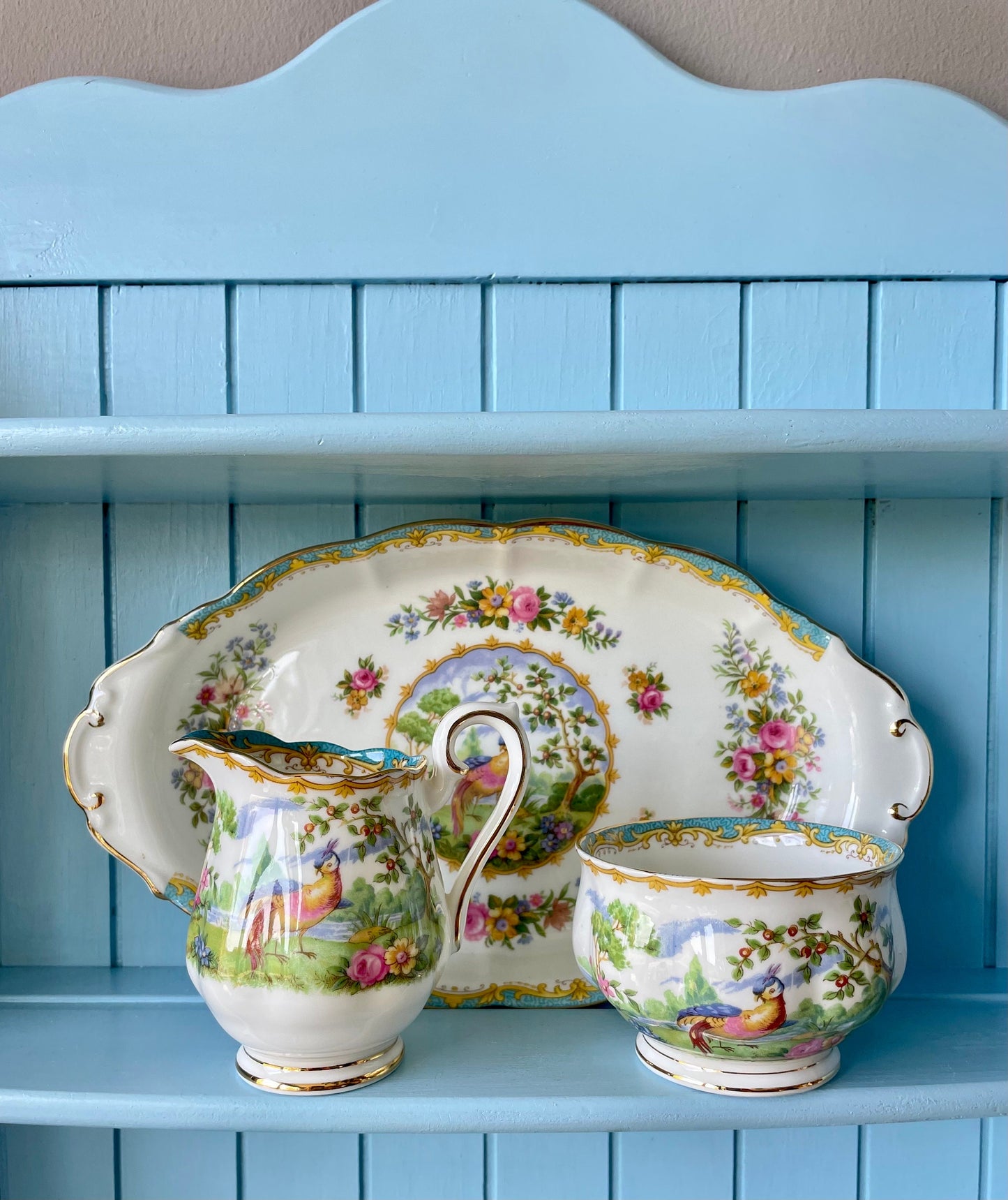 Multiple Vintage Royal Albert "Chelsea Bird" Items, Large Cake Plate with 4 Plates, Butter Dish, Petit Four, Creamer Set,Bone China, England