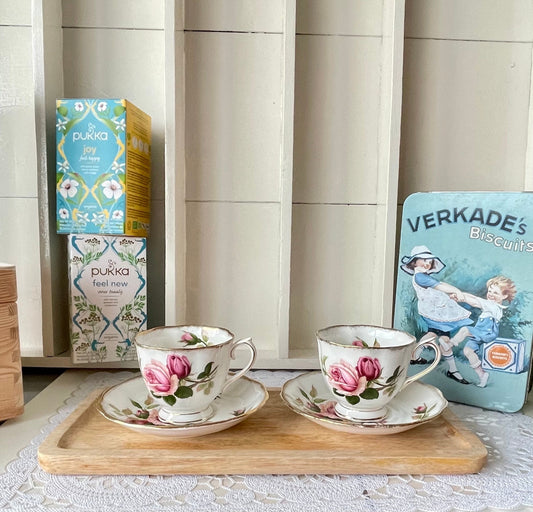 Set of 2 Vintage Male Sized Anniversary Rose Tea Cups, Royal Albert, Bone China, Previously loved, Pretty Rose Gold Decor, Made in England