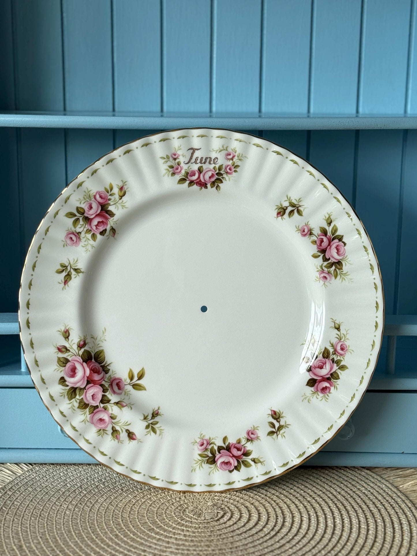 Royal Albert "Flower of the Month" June, Vintage 1-Tier Cake Stand, Bone China, 27 cm, Roses Pattern, For High Tea, Gift, Golden Handle, UK