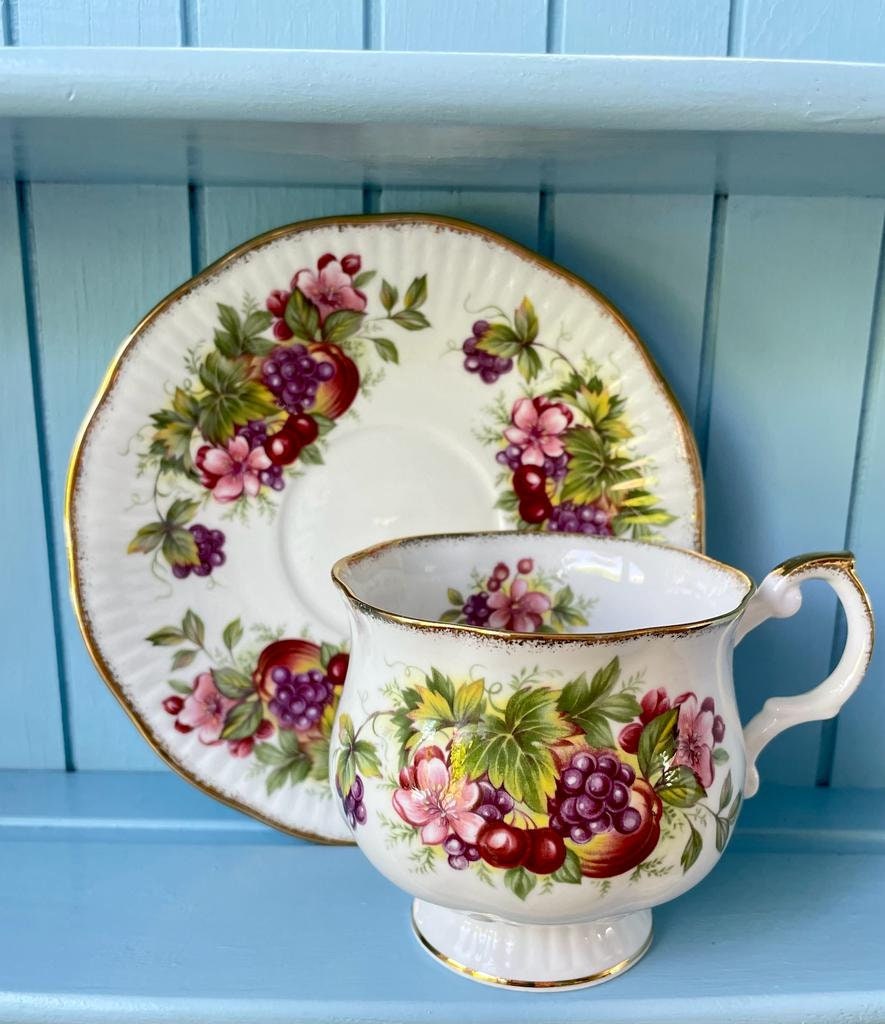 Vintage Royal Queens Fine Bone China Fruit Inspired Teacup And Saucer, Pear, Grapes, Perfect Gold, Queens Fine Bone China Made in England
