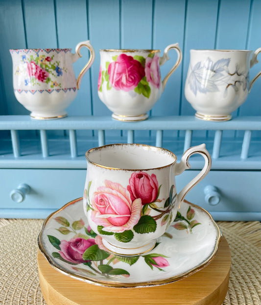 Vintage Royal Albert Anniversary Rose Espresso Cup & Saucer, Bone China, Previously Owned and Loved, Pink Roses Decor, Made in England