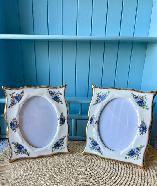 Set of 2 Vintage Royal Albert Moonlight Rose Oval Shaped Picture Frame, Table Free-Standing, Fine Bone China, Blue Roses Gold Decor, England