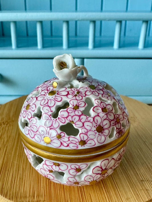 Rare Vintage Herend Porcelain Finial Openwork Ball, Trinket Box, Floral Design, Hand-Painted, Small Open Work,Finial On Top, Made in Hungary