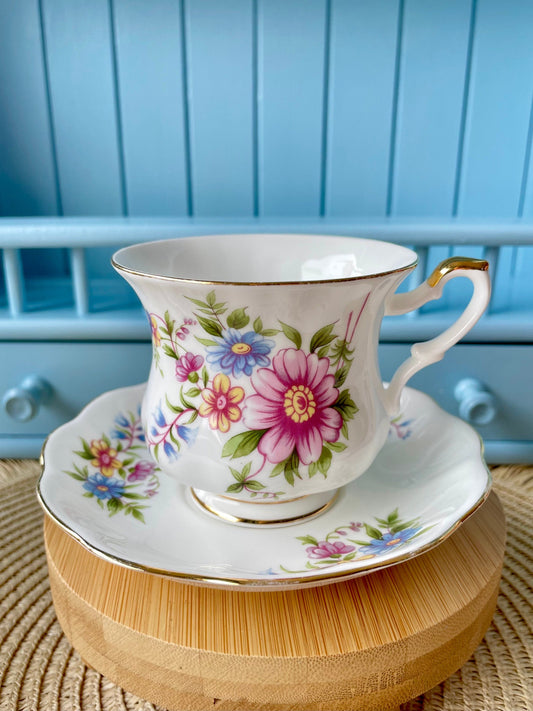 Vintage 'Royal Ascot' Blue Velvet Tea Cup And Saucer, Made In England. Fine Bone China, Previously Loved Vintage Cup, Antique British TeaCup