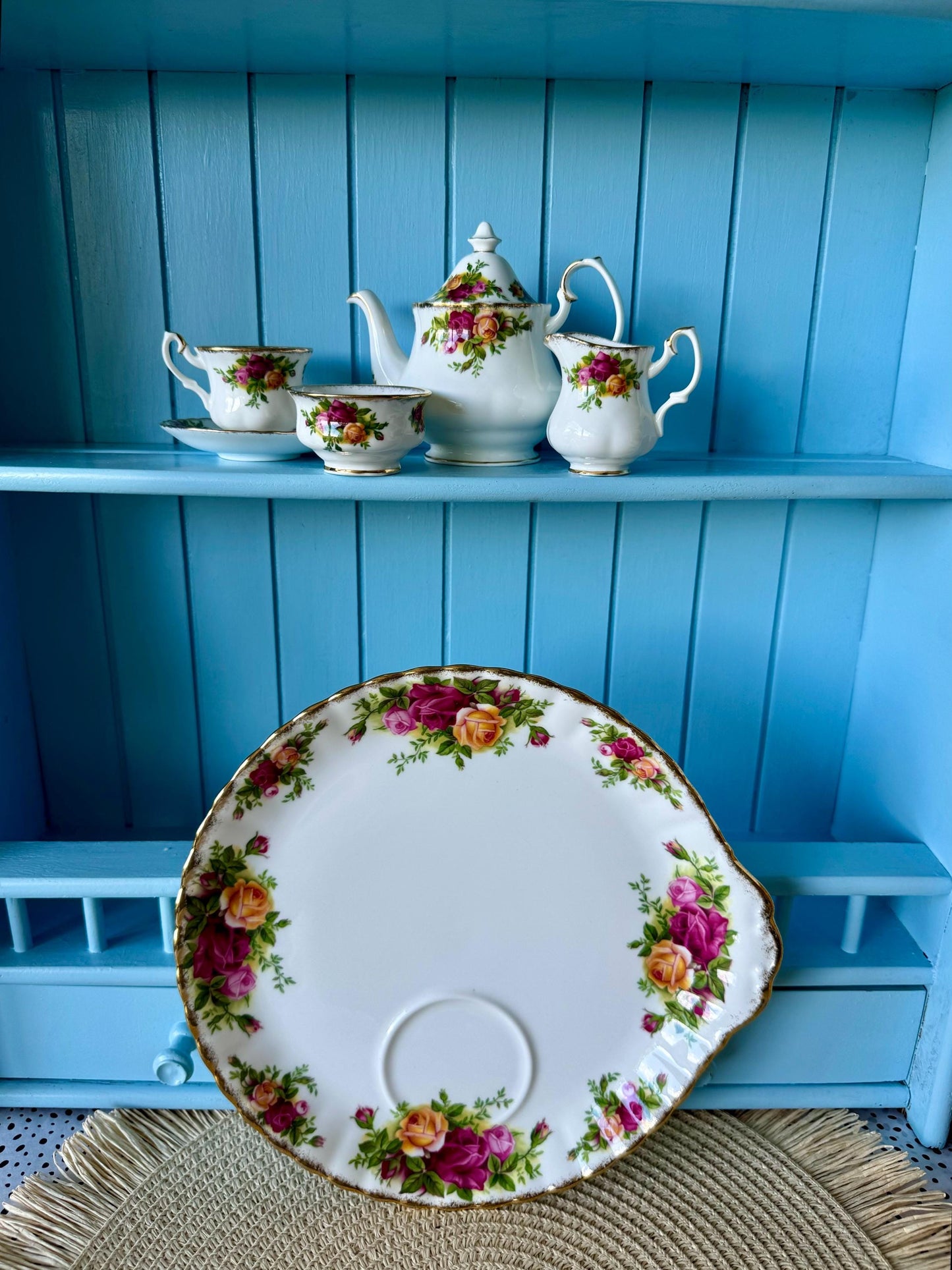 Vintage Royal Albert "Old Country Roses" Miniature Tea Set, Doll House Tea Set, Bone China, Teapot, Creamer, Teacup, Plate, Made in England