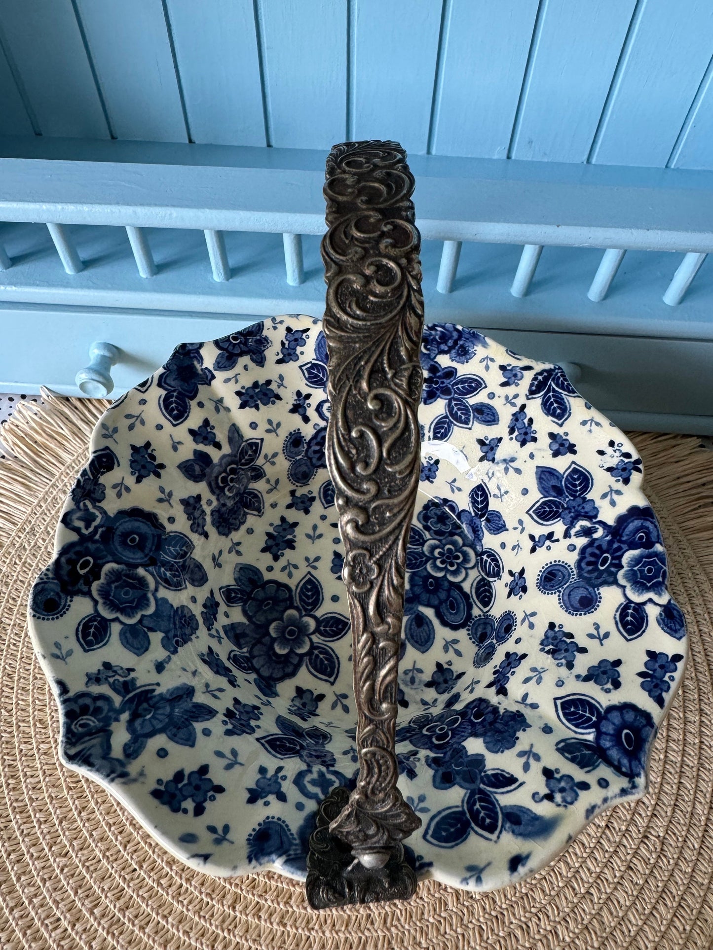 Pretty Silver Plated 'Beatrix' Bonbon Plate w/ Handle, Previously Loved, Société Ceramique Maestricht, Beautiful Blue Floral Decor, Holland