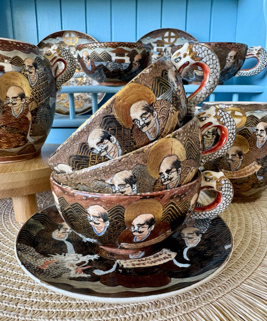 Antique Japanese Satsuma Tea Set, Meiji Era Dragon Handle Teacups, Creamer & Sugar Jar, HandPainted Gilt Porcelain, Satsuma Immortals, Japan