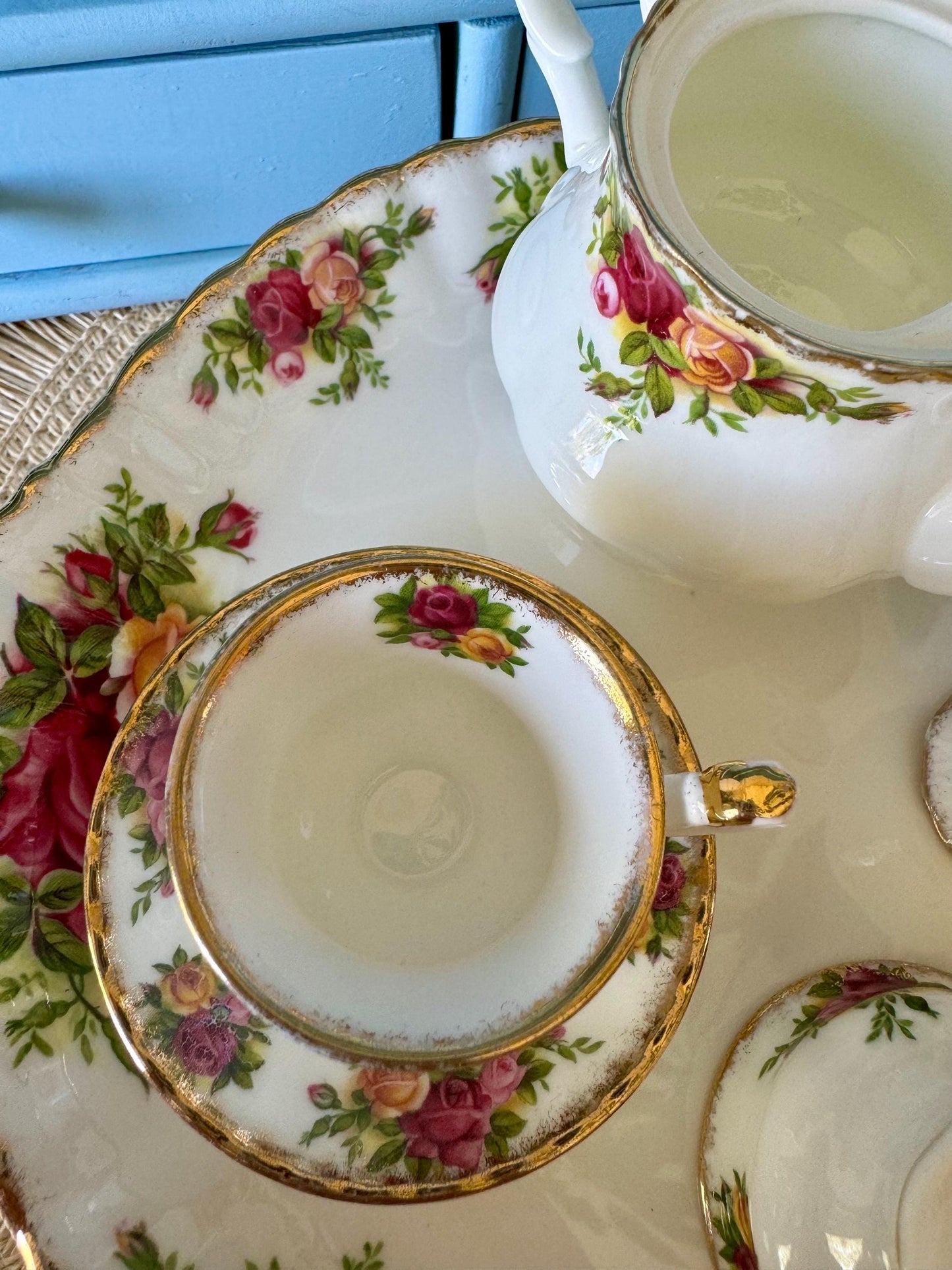 Vintage Royal Albert "Old Country Roses" Miniature Tea Set, Doll House Tea Set, Bone China, Teapot, Creamer, Teacup, Plate, Made in England