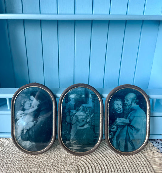Antique Reverse Glass Paintings Set of 3, Religious & Genre Scene Wall Art, Hand-Painted Glass Panels c.1890-1910, Window Hangings, French
