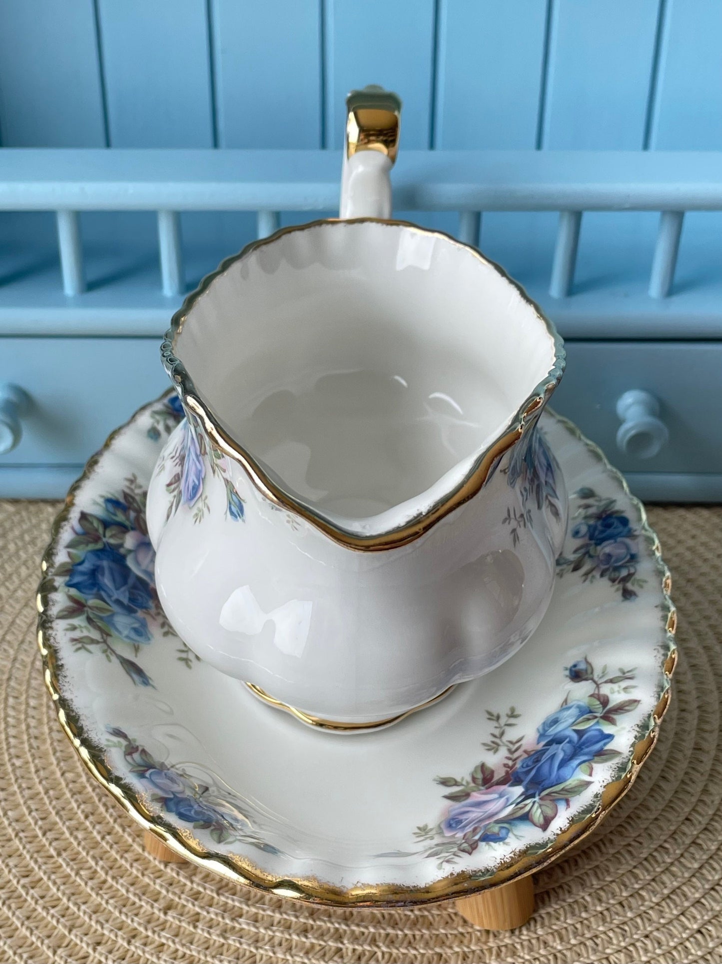 Very Rare Hard To Find Royal Albert "Moonlight Rose" Gravy Jar on Platter, Beautiful Thick Gold, Fine Bone China, Blue Roses Decor, England