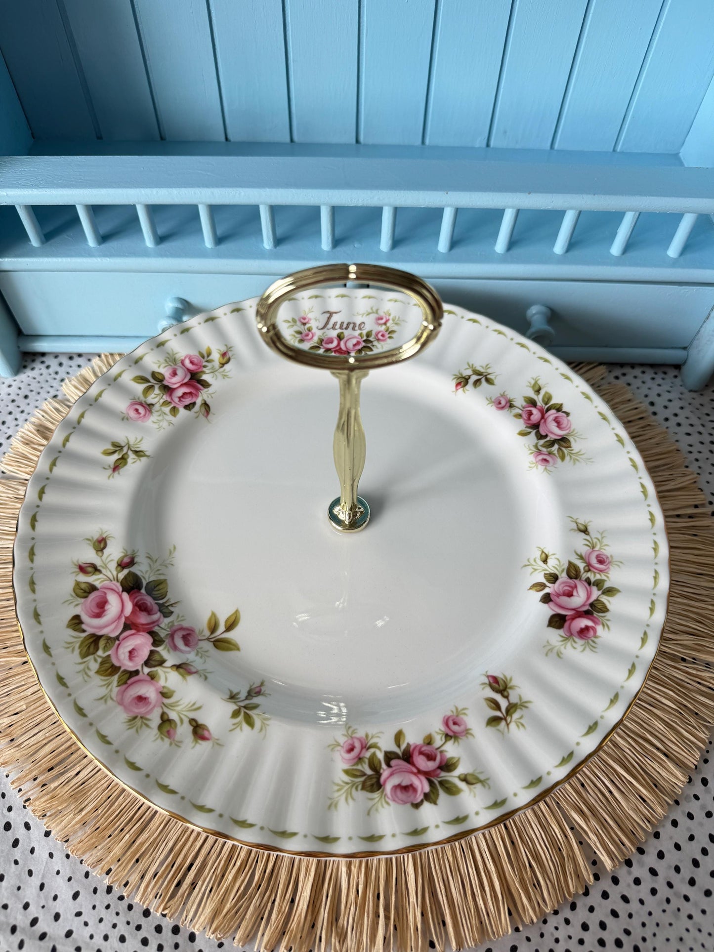 Royal Albert "Flower of the Month" June, Vintage 1-Tier Cake Stand, Bone China, 27 cm, Roses Pattern, For High Tea, Gift, Golden Handle, UK