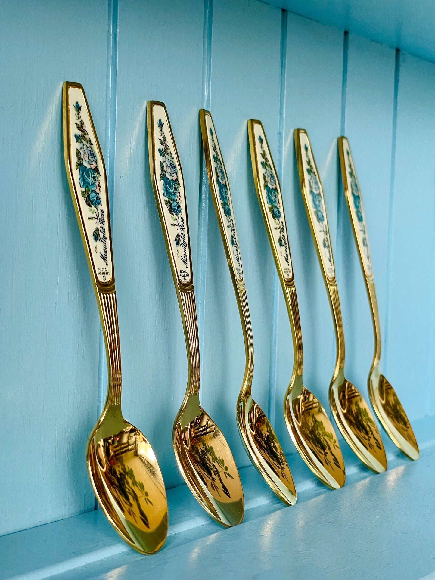 Rare Vintage Royal Albert "Moonlight Rose" TeaSpoon, Set of 6 Gold Hue Spoons, Silver Plated, Previously Loved, For HighTea, Made In England