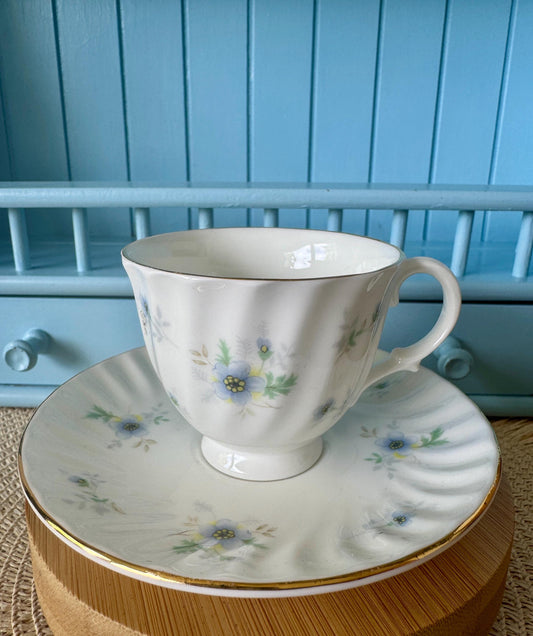 Vintage Colclough Royal Albert Coffee Cup & Saucer Set, Baby Blue Floral Spring Decor, Ribbed Gold Trim, Afternoon Tea Gift, Made in England