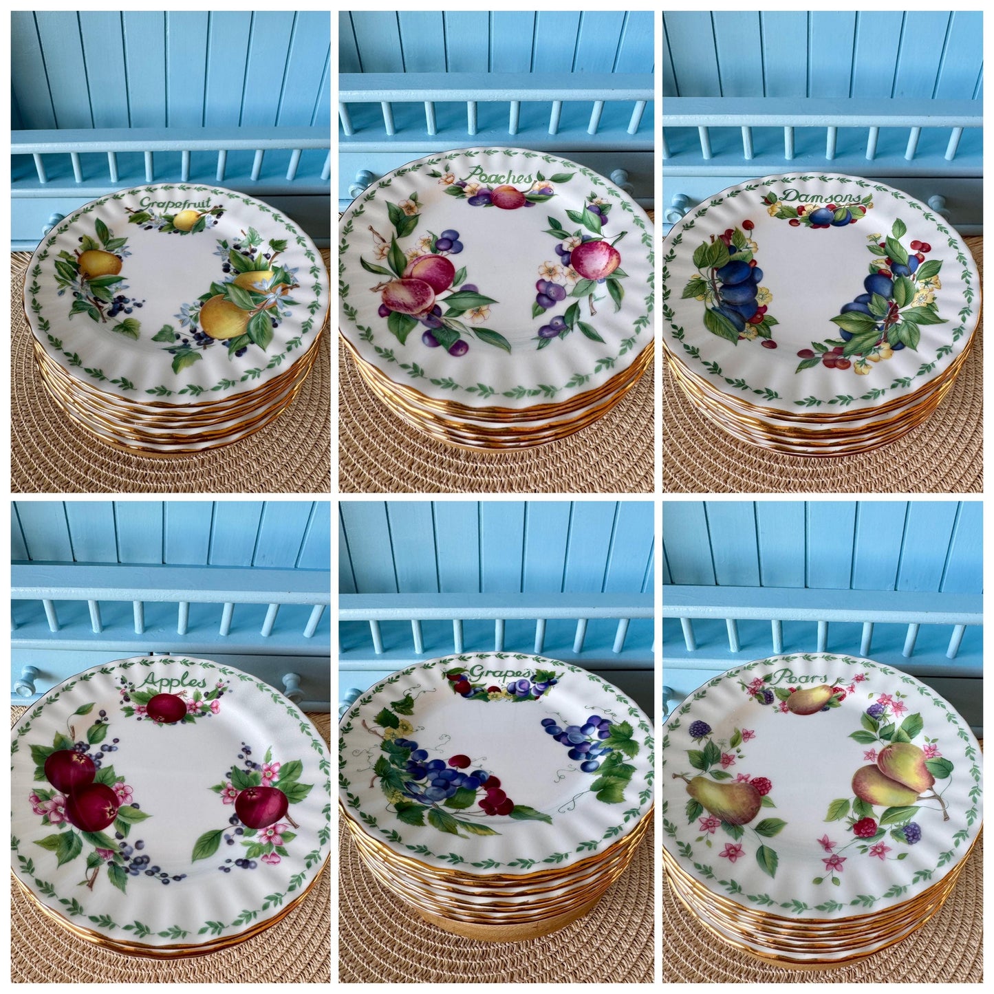 Vintage Royal Albert "Covent Garden" Cake Plates in Grapefruit, Peaches, Grapes, Damsons, Pears, Apples, Cake Plate 16cm,Bone China, England