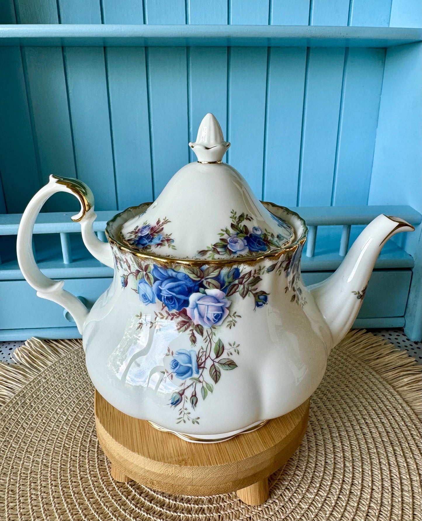 Very Rare Hard To Find "Medium" Royal Albert "Moonlight Rose" Tea Pot, Spout Inside Lid Is Missing, Bone China, Blue Roses Decor, England