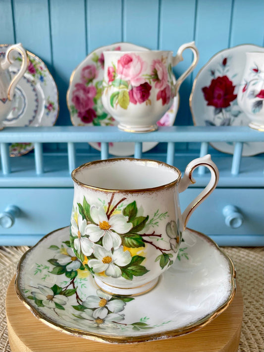 Vintage Royal Albert Dogwood Espresso Cup & Saucer, Bone China, Previously Owned and Loved, Green and White Floral Decor, Made in England
