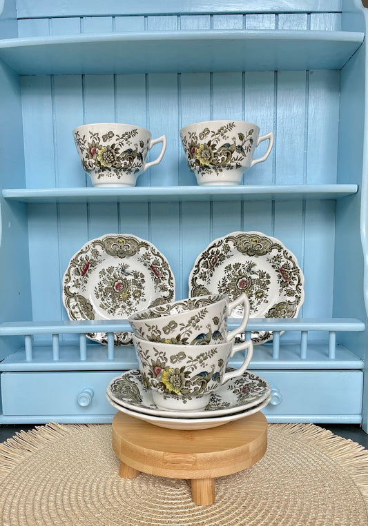 Hard To Find Vintage Ridgway Staffordshire, Windsor Series, TeaCup and Saucer, Beautiful Antique, Blue Birds & Floral Decor, Made in England