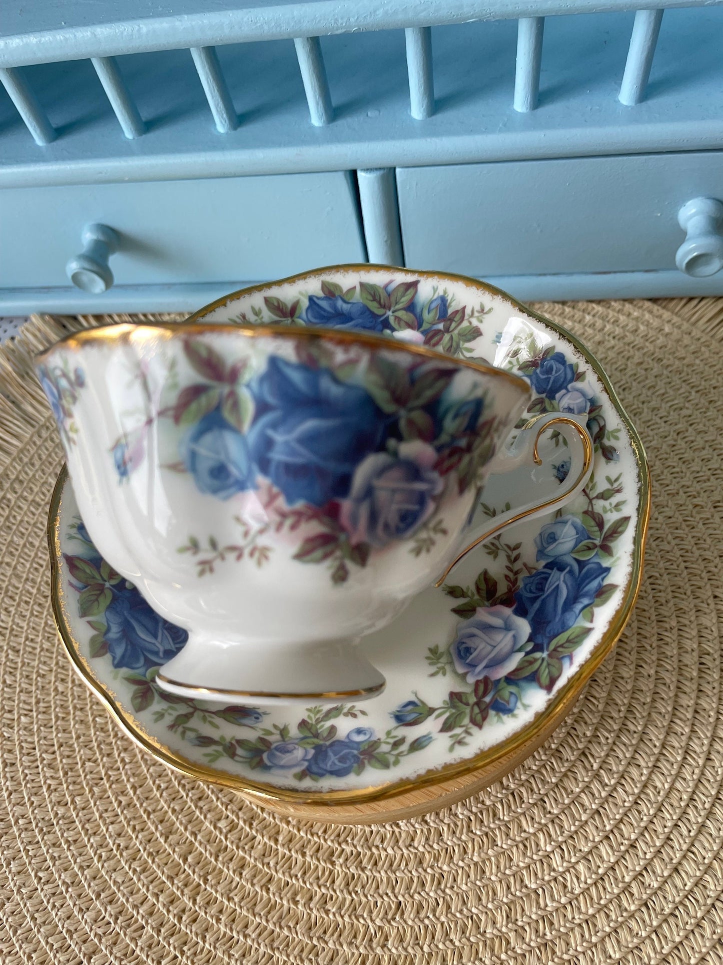 Pristine Avon Shaped Royal Albert "Moonlight Rose" Teacup & Saucer, Fine Bone China, Blue Roses Decor, Highly Sought After, Made in England