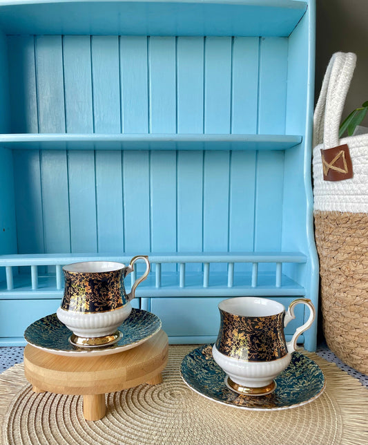 Royal Male and Female TeaCups, Sold as a Set, Vintage 'Royal Windsor' TeaCups & Saucers, Bone China, Black and Golden Decor, Made in England