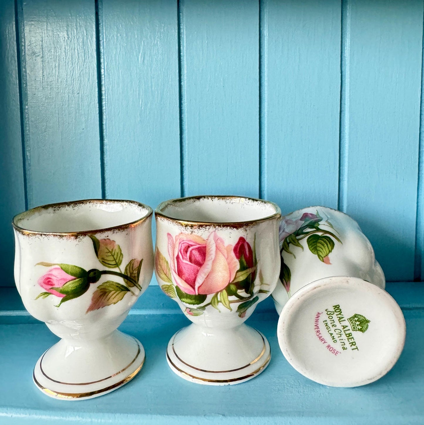 Very Hard to Find Vintage Royal Albert "Anniversary Rose" Egg Cups, Set of 6, Bone China, Previously Loved, Pink Roses Thick Gold, England