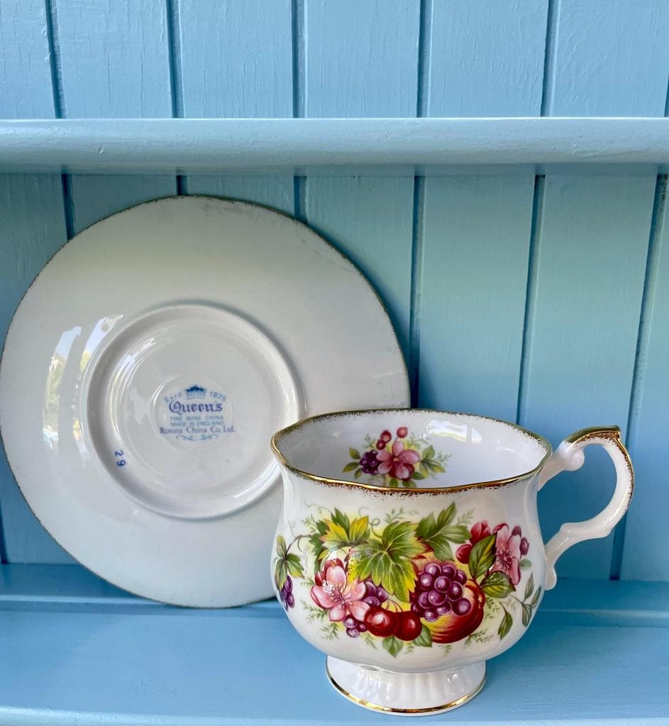 Vintage Royal Queens Fine Bone China Fruit Inspired Teacup And Saucer, Pear, Grapes, Perfect Gold, Queens Fine Bone China Made in England
