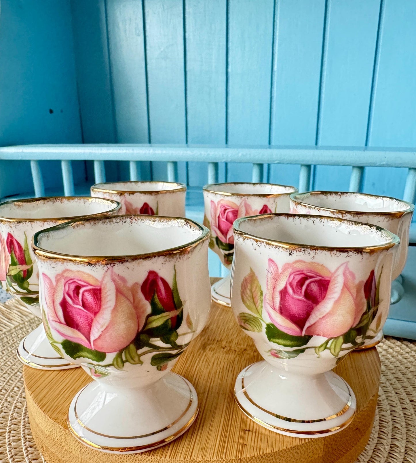 Very Hard to Find Vintage Royal Albert "Anniversary Rose" Egg Cups, Set of 6, Bone China, Previously Loved, Pink Roses Thick Gold, England