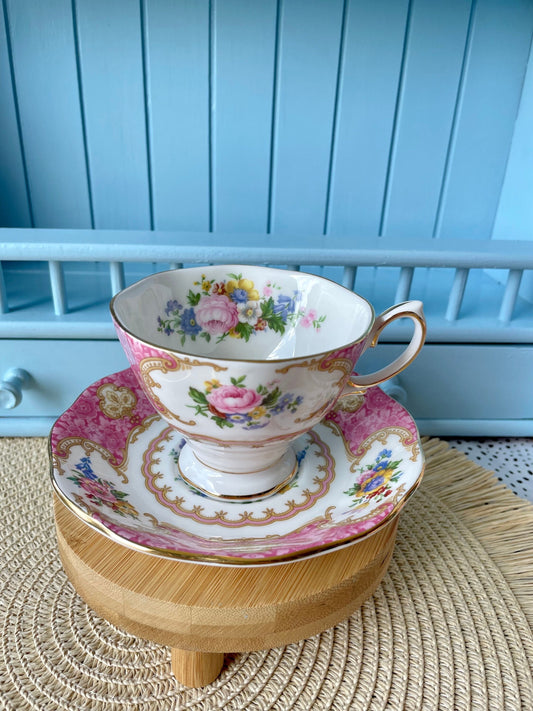 Vintage Royal Albert 'Lady Carlyle' Gentleman Sized Teacup & Saucer, Fine Bone China, Pink With Flower Decor, Previously Loved, Made England