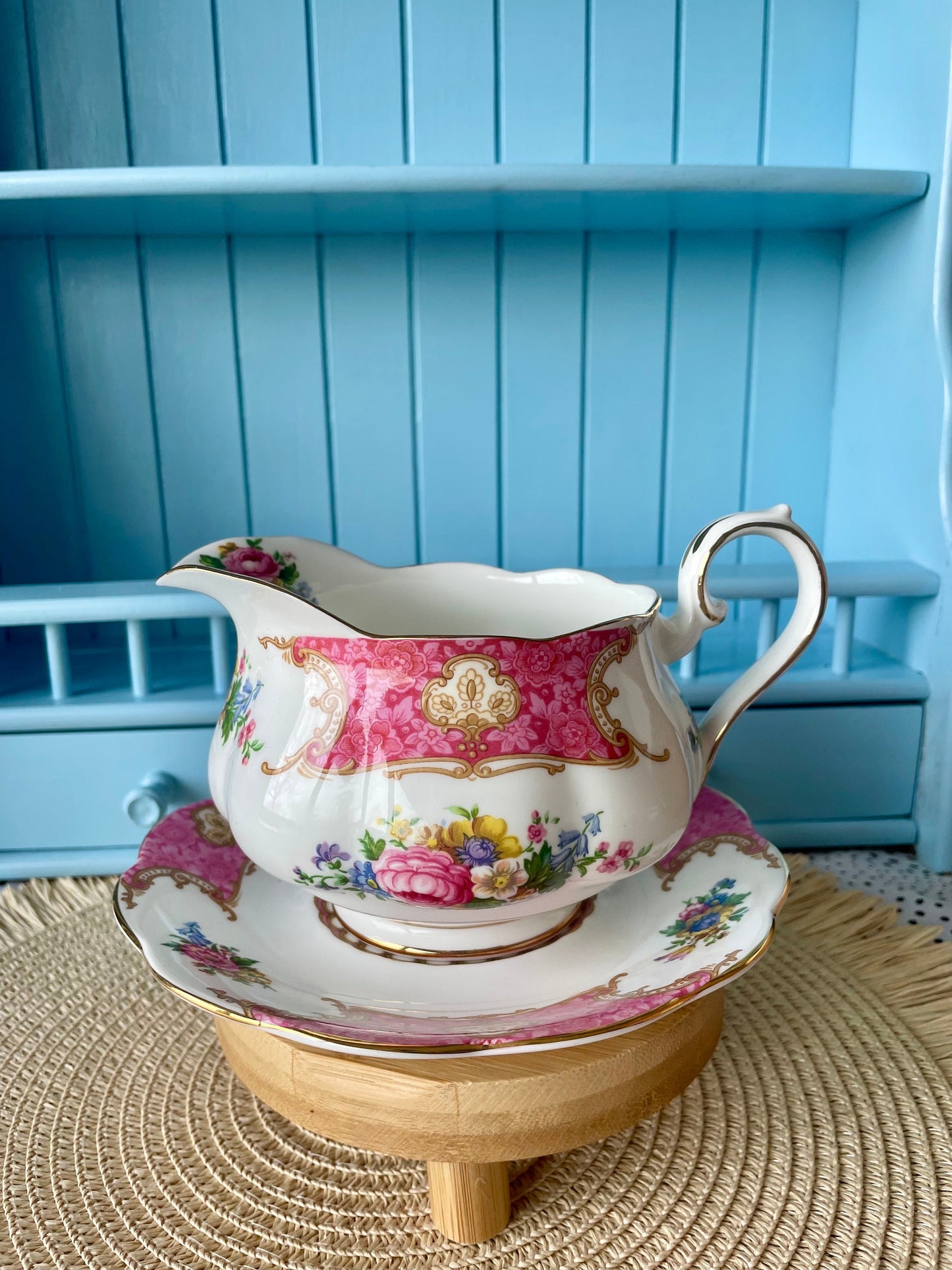 Rare Find, Royal Albert Lady Carlyle English Large Gravy Boat with Underplate, Bone China, Previously Loved, Pink Borders and Floral Decor