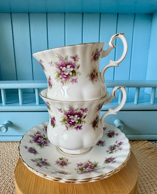 Set of 2 Beautiful Vintage Royal Albert Lady Coffee Cup & Saucer. Bone China,  Sweet Violets, Previously Loved, Purple Violet Decor, England