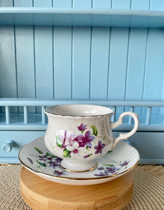 Vintage Crown Staffordshire Tea Cup and Saucer, Purple Pansies, Fine Bone China, Previously Loved Antique Tea, For High-Tea, Made in England