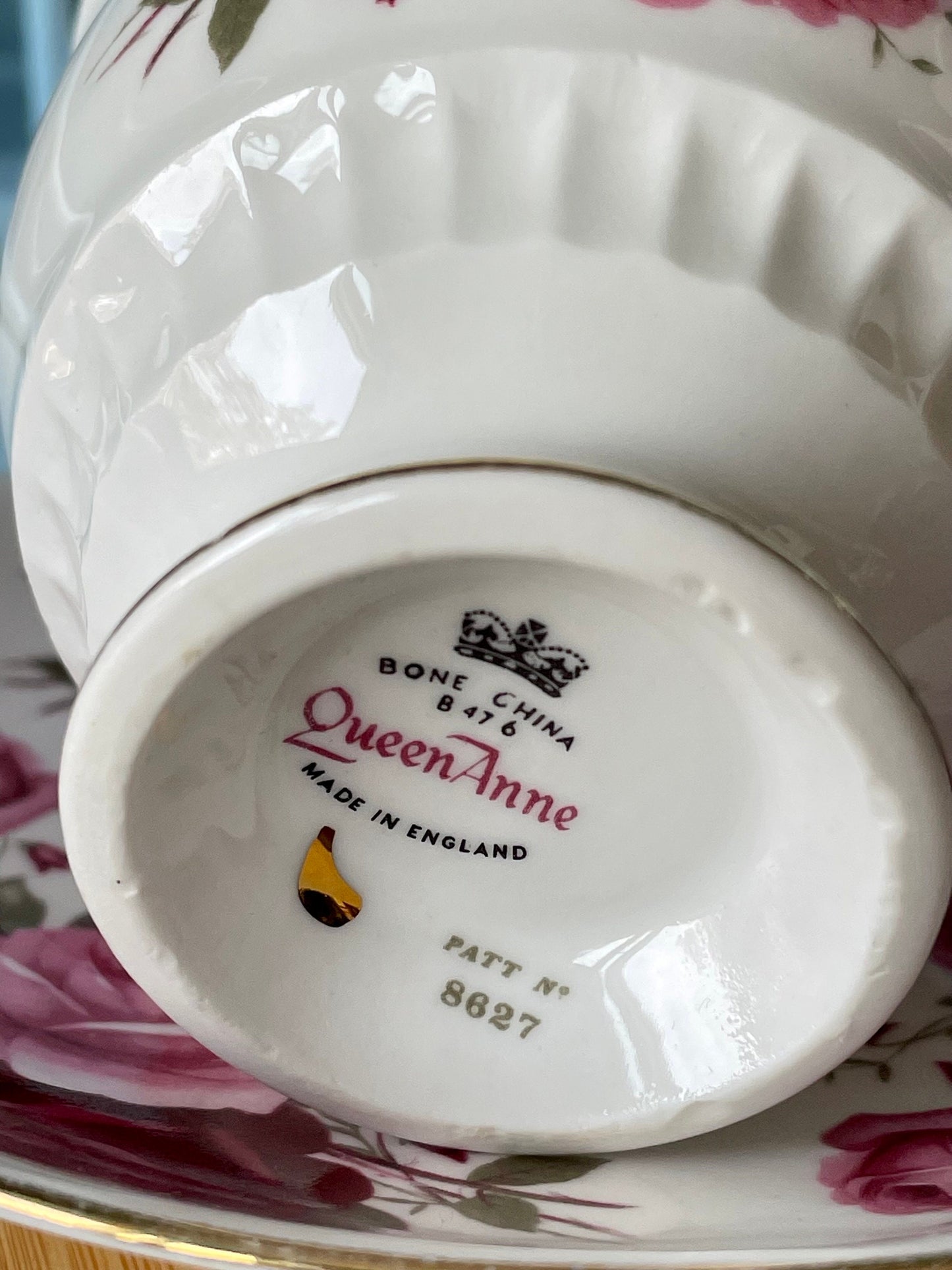 Vintage Queen Anne, Pink  and Red Roses Floral Bone Tea Cup and Saucer, Antique English China, Previously Loved, Ribbed Cup, Made in England