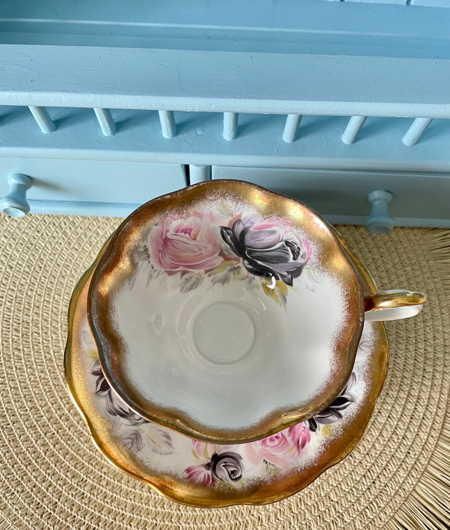 Rare Vintage Royal Albert Summer Bounty Tourmaline TeaCup and Saucer, Bone China, Pink & Black Roses, Thick Gold Trim, Collectors, England