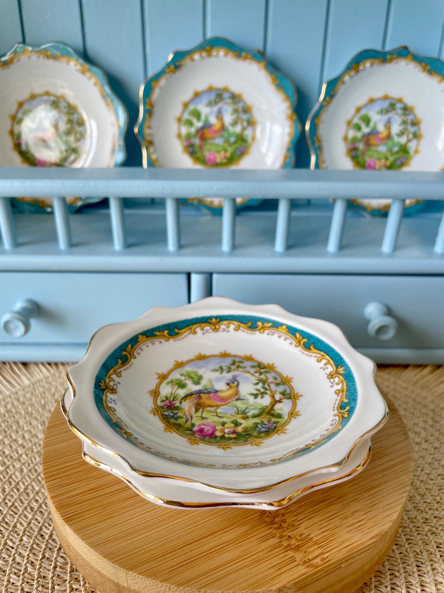 Multiple Vintage Royal Albert "Chelsea Bird" Items, Large Cake Plate with 4 Plates, Butter Dish, Petit Four, Creamer Set,Bone China, England