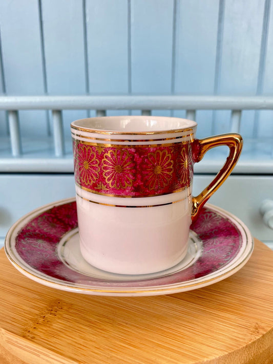 Hard to Find Rare Vintage Versailles, Powder Ruby Coffee or Demitasse Cup & Saucer, Beautiful Ruby Red and Gold Flower Decor, Made in France