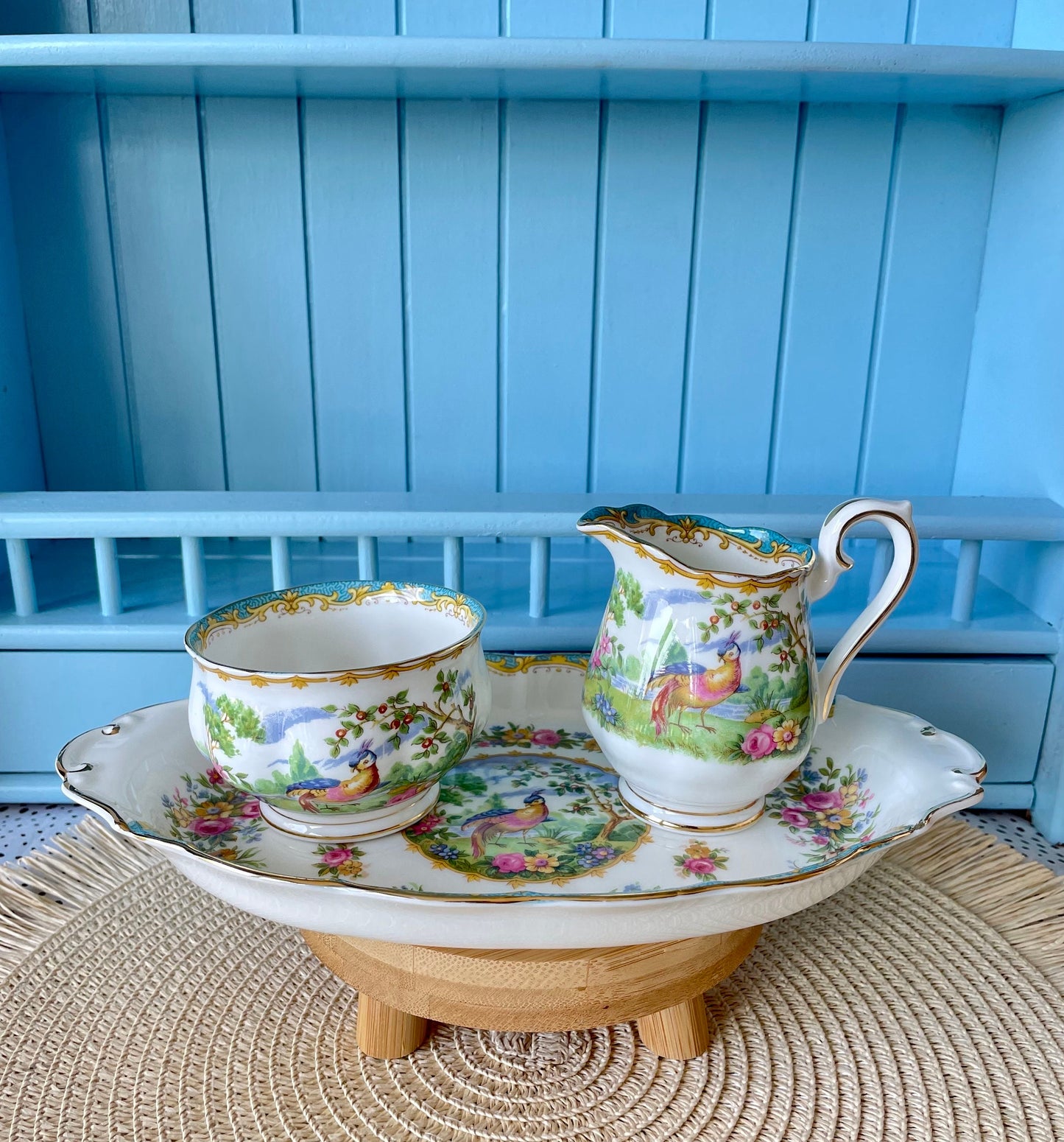 Multiple Vintage Royal Albert "Chelsea Bird" Items, Large Cake Plate with 4 Plates, Butter Dish, Petit Four, Creamer Set,Bone China, England