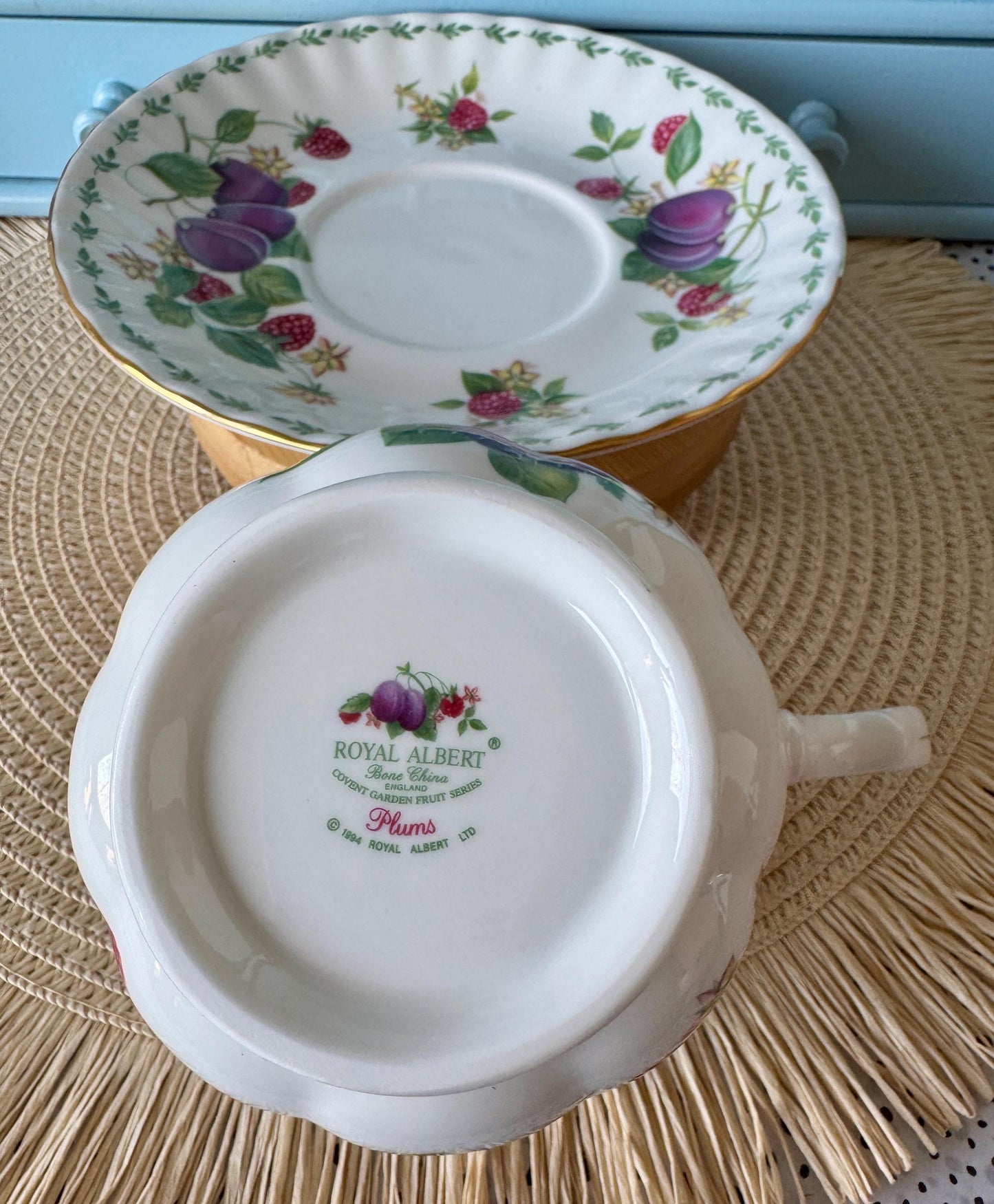RARE Vintage Royal Albert "Covent Garden" Breakfast Set, Plums, Cereal Breakfast Cup and Saucer, Bone China , Previously Loved, England